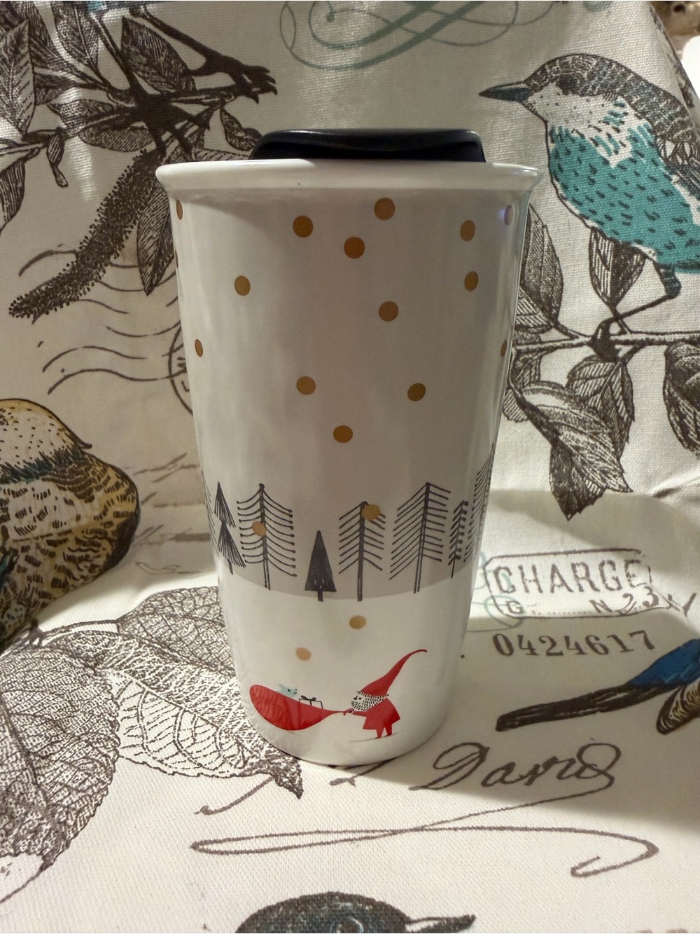 Starbucks White Ceramic Travel Mug with Gold Dots and Red Fox